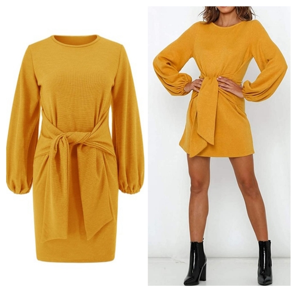 R. Vivimos Dresses & Skirts - • Boho Yellow Mustard Gold Lantern Balloon Sleeve Tie Waist Mini Dress •